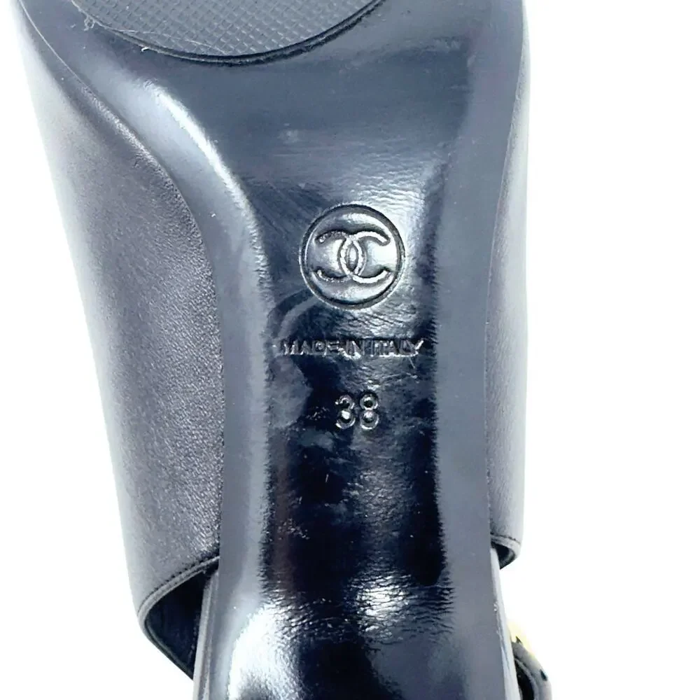 Chanel CC Logo Bow Black Gold Slingback Quilted Mary Jane Block Heels Loafers 38